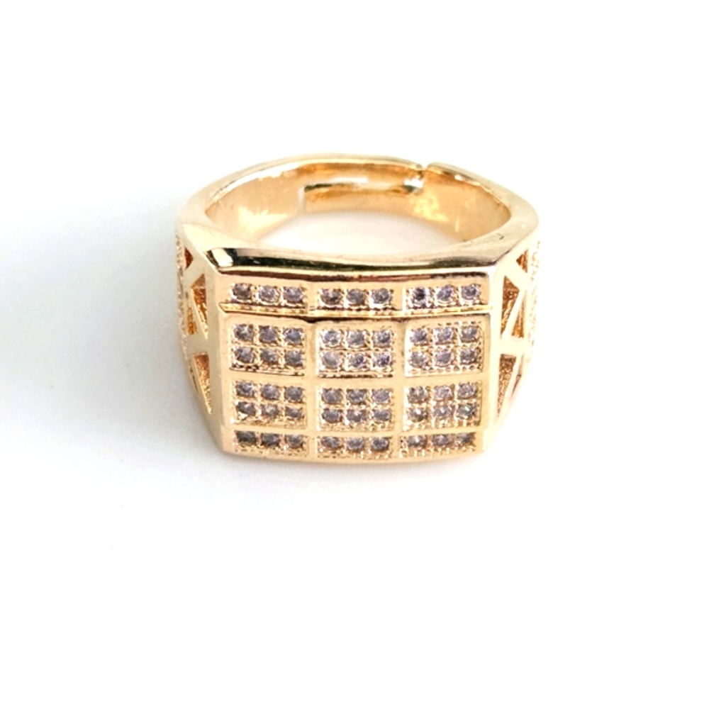 Gold Tone Crystal Pavé Square Signet Ring Adjustable Statement Jewelry